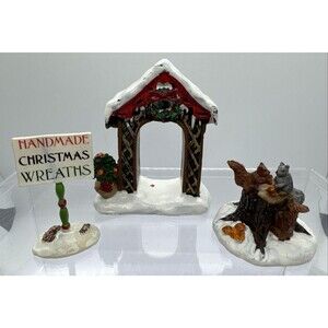 Vtg Lemax Coventry Cove Christmas Arbor Wreath Sign Squirrel Village Lot of 3